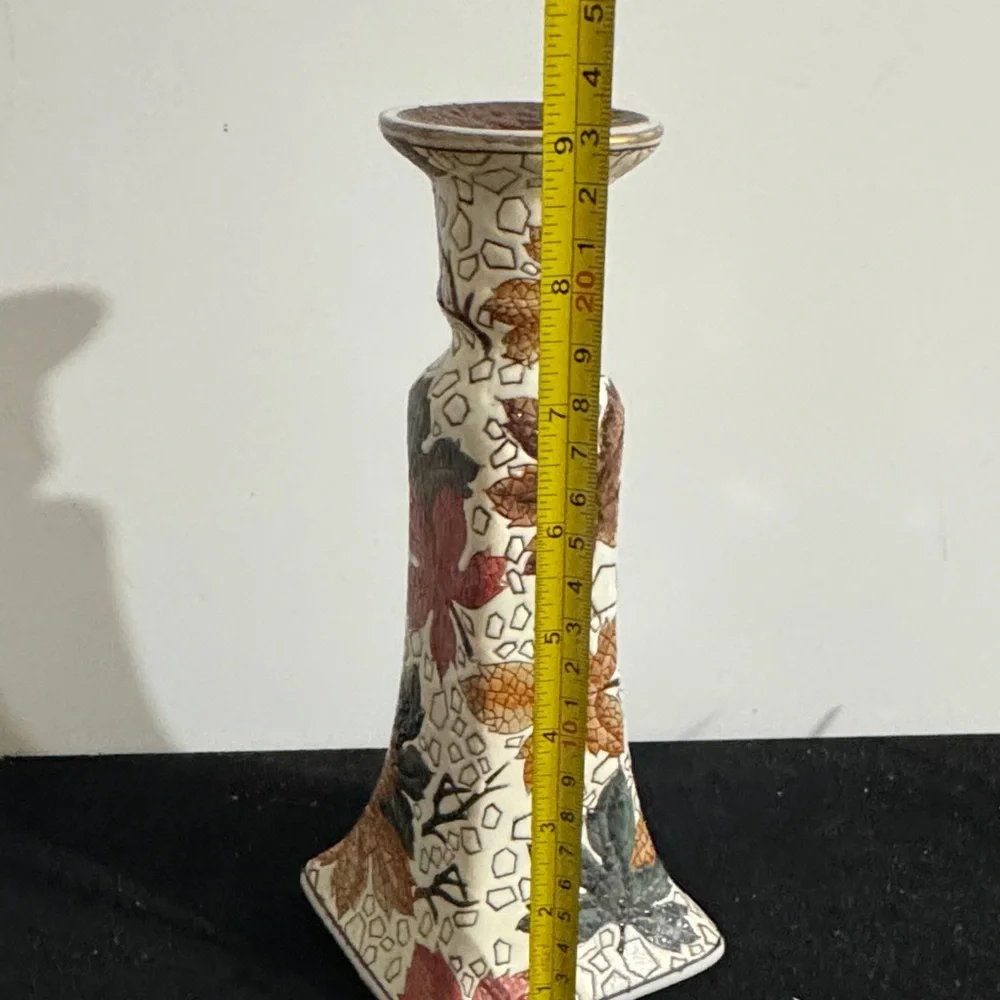 Vintage Hand Painted Fall Leaf Pattern Textured Candlestick Holder 1940